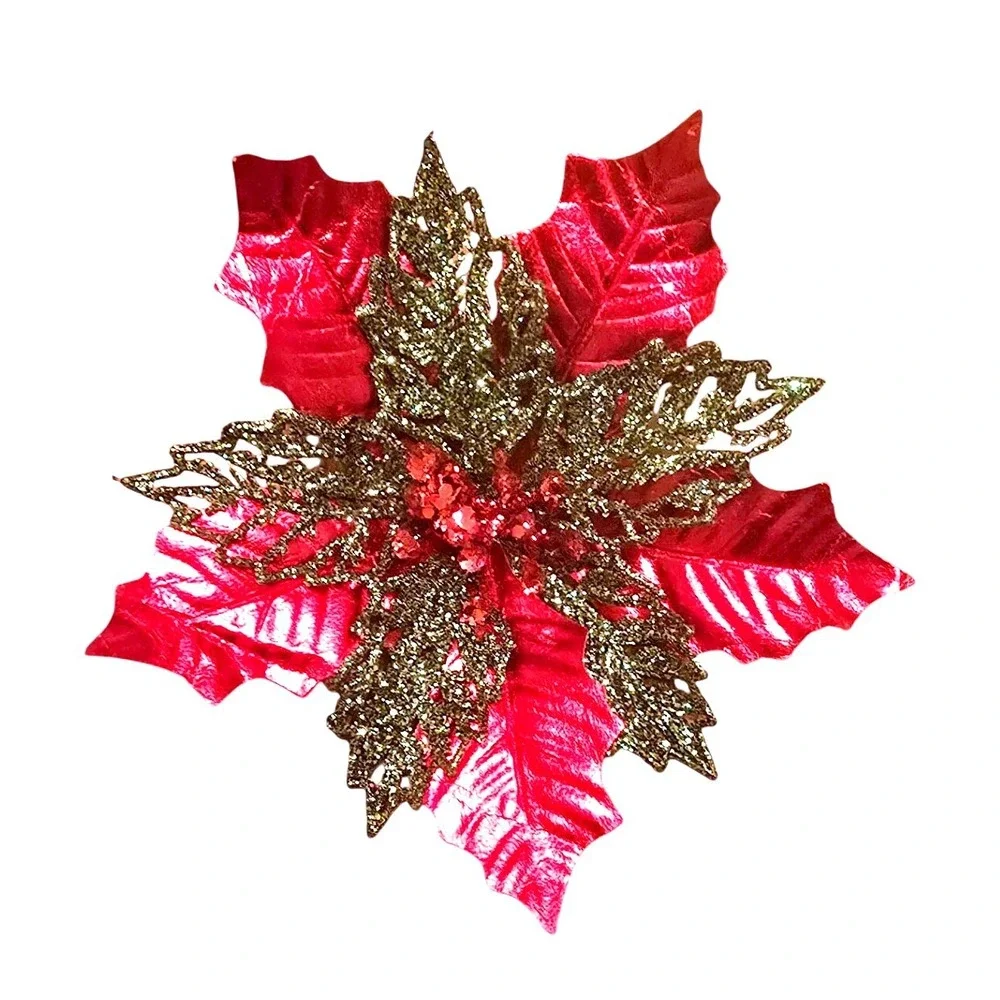NWOT Christmas Poinsettia Flowers Artificial Clip‎ On Red Buffalo Plaid